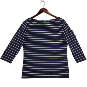 Lauren Ralph Lauren WMNS Navy Blue Gold Stripe Top Size L Boatneck RL Arm Crest